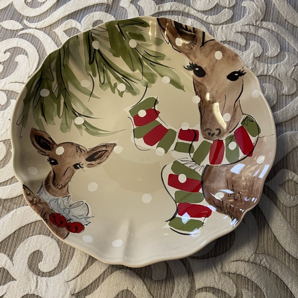 Casafina Deer Friends Serving Bowl, Cream with 2 Deer, Snow, Brand New